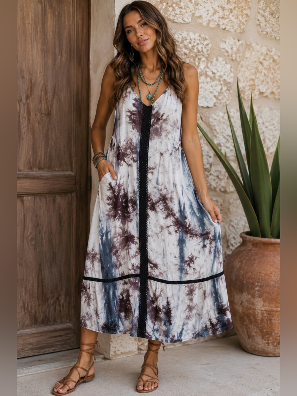 Rebecca Elliott Tie Dye Crochet Trim Racerback Boho Midi Dress M